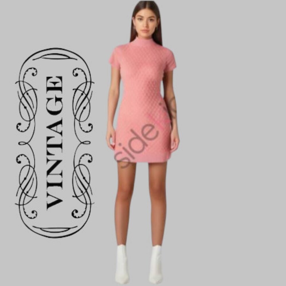 Vintage 90's Gap Barbie Sweater Dress Stretchy bodycon Cable Knit Mock Neck Pink